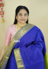 MS Blue with Green - Vaibhogam - Pure Silk Cotton with Kattam Body with Gaja Mayura Zari Border